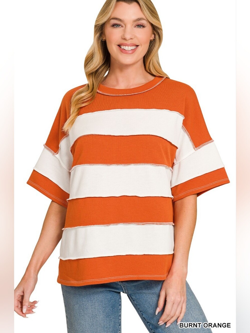 Zenana French Terry Striped Exposed Seam Top